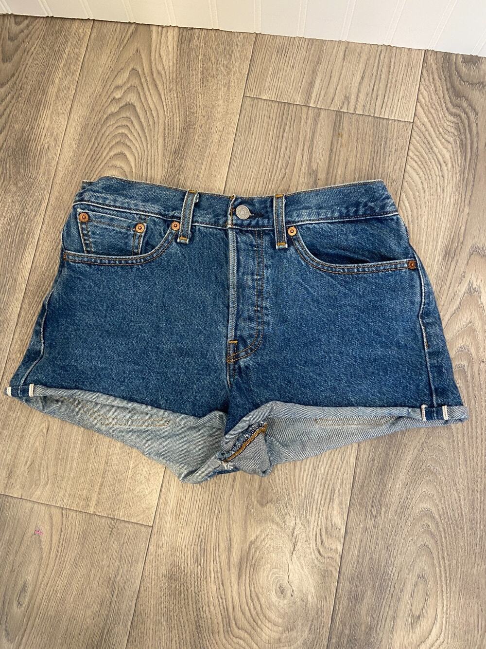 Levis 501 Shorts Womens 27 Blue White Oak Cone Denim Selvedge Button Fly Dark